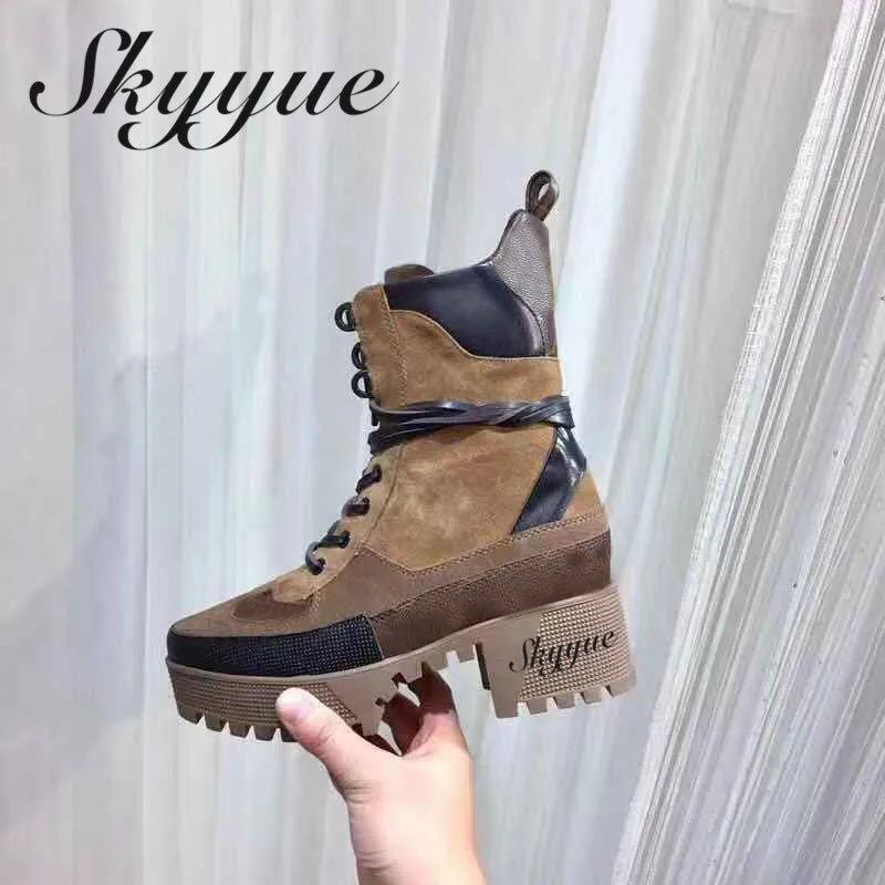 

SKYYUE New Genuine Leather Lace Up Women Ankle Boots Round Toe Platform Thick Heel Women Boots Shoes Women Autumn Winter