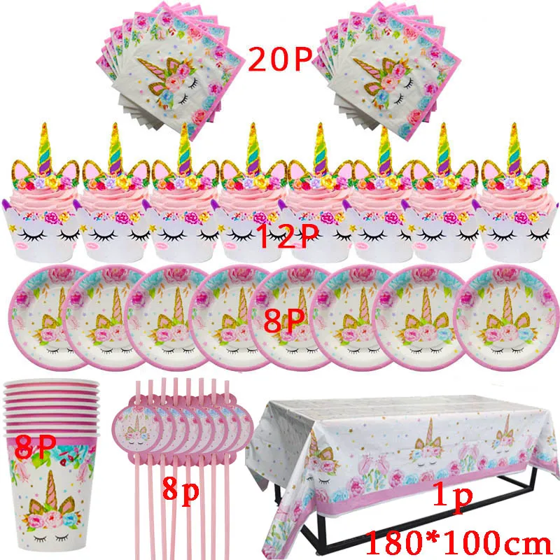 

Unicorn Birthay Party Supplies Disposable Tableware Set Paper Plates Cups First Birthday Girl Boy Party Jungle Party Decoration