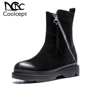 

CoolCept Women Mid Calf Boots Genuine Leather Side Zipper Shoes Women Fur Winter Botas Thick Bottom Ladies Footwear Size 34-40