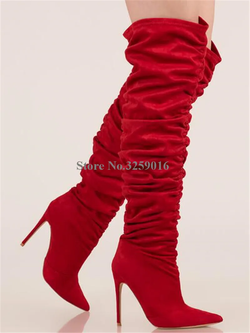 

Women New Design Fashion Pointed Toe Suede Leather Pleated Over Knee Boots Red Black Thin Heel Long Boots Club Dress Shoes