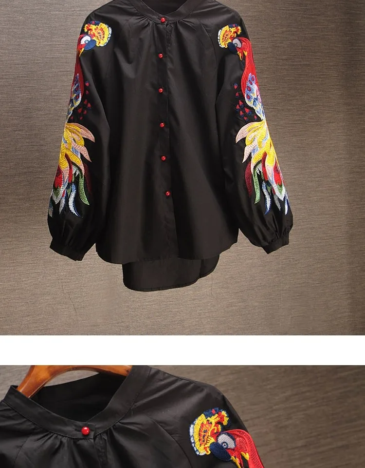 Spring and Summer Cotton Causal Shirts Embroidered Long-sleeved Shirts Woman Full Button Print O-Neck lantern Sleeve Tops