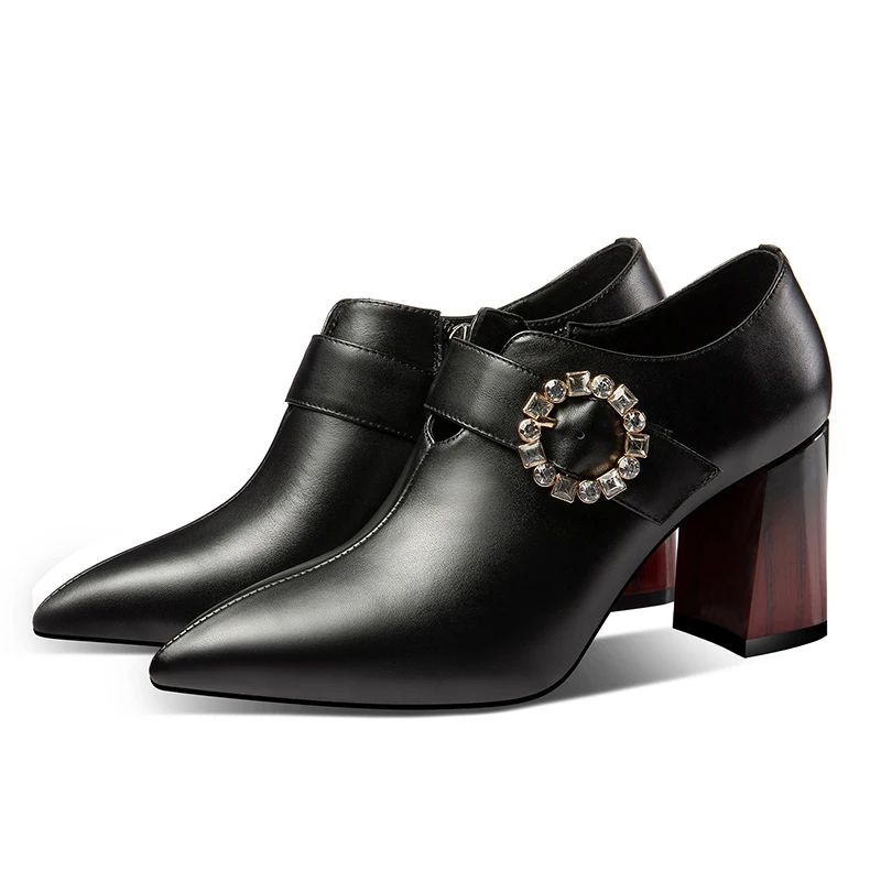 

Women's genuine leather crystal metal buckle thick high heel dress pumps OL style elegant ladies high top evening heeled shoes