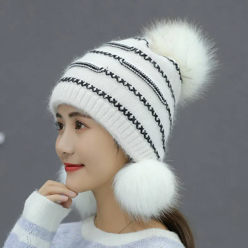 Зимняя утолщенная вязаная женская шапка с лисьим и кроличьим мехом, сохраняющая тепло, модные белые шапочки, женские шапки с бесплатной доставкой - Цвет: white