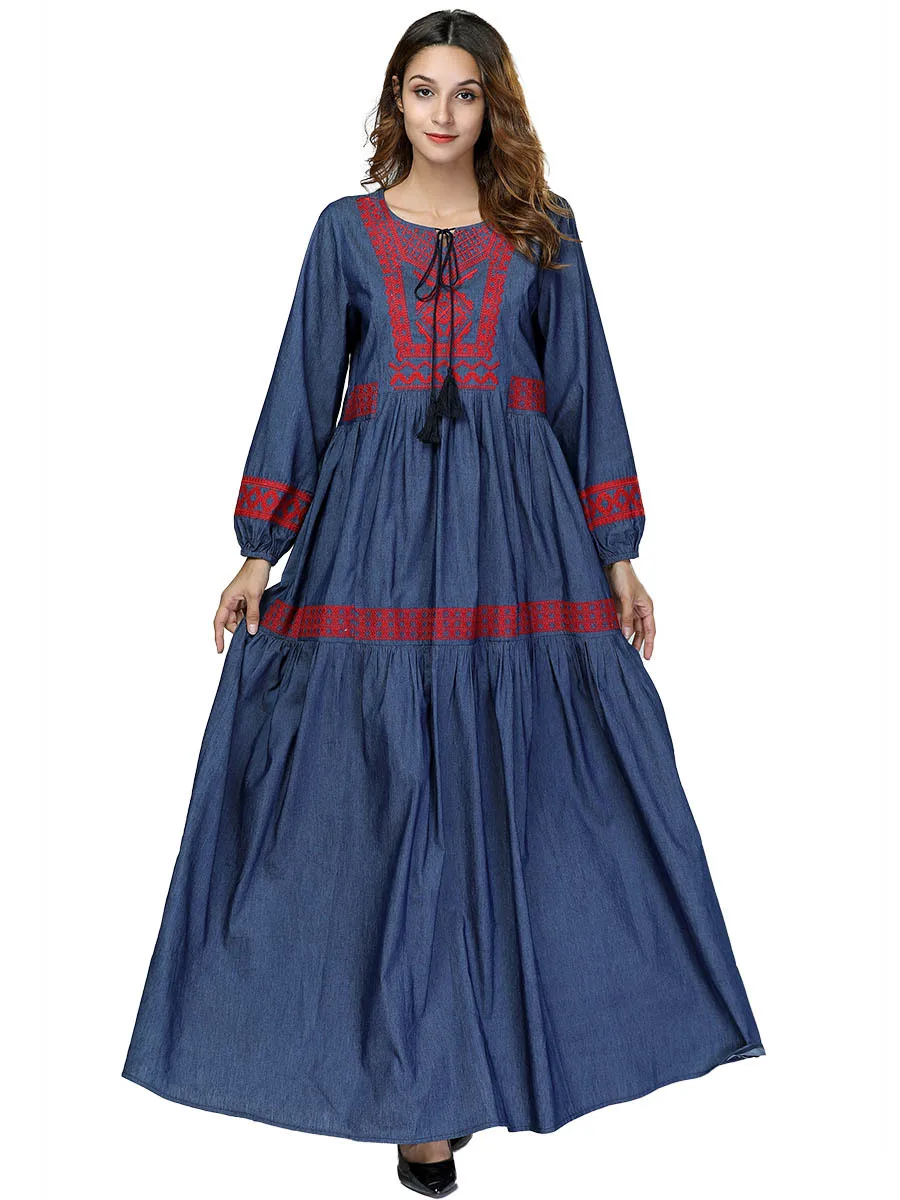 

Embroidery Floral Autumn Winter Ababya Muslim O Neck Kaftan Dubai Ankle Length Casual Robe Pretty Female Sash Plus Size
