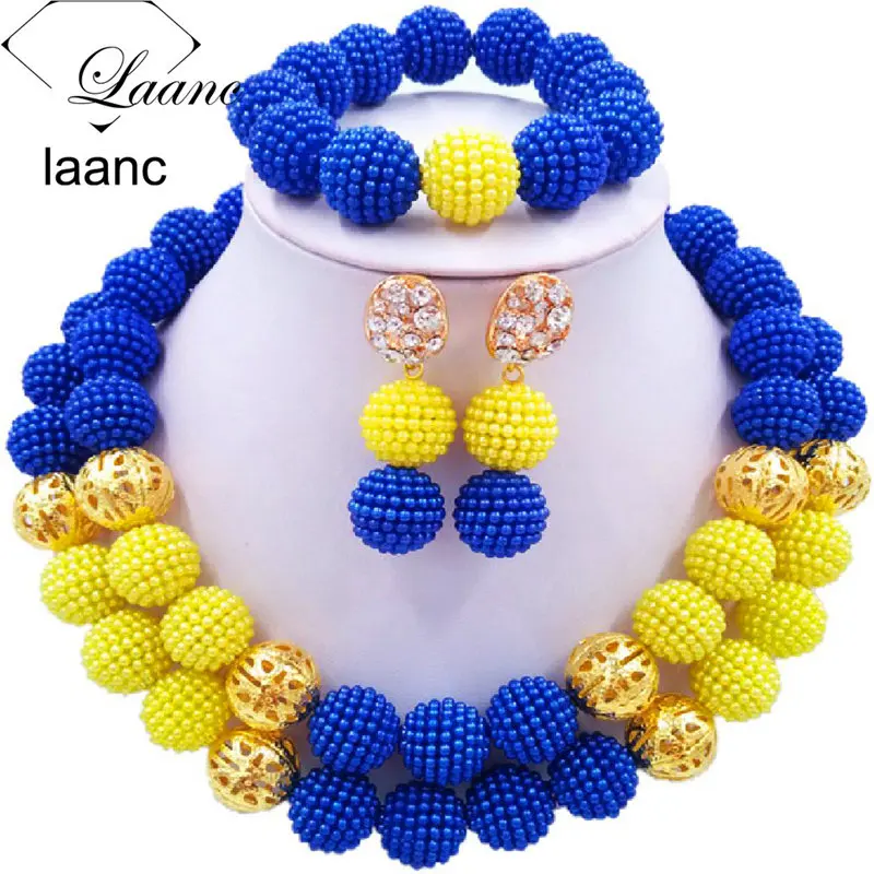 Laanc Fashion Nigerian Wedding African Royal Blue and Yellow Beads