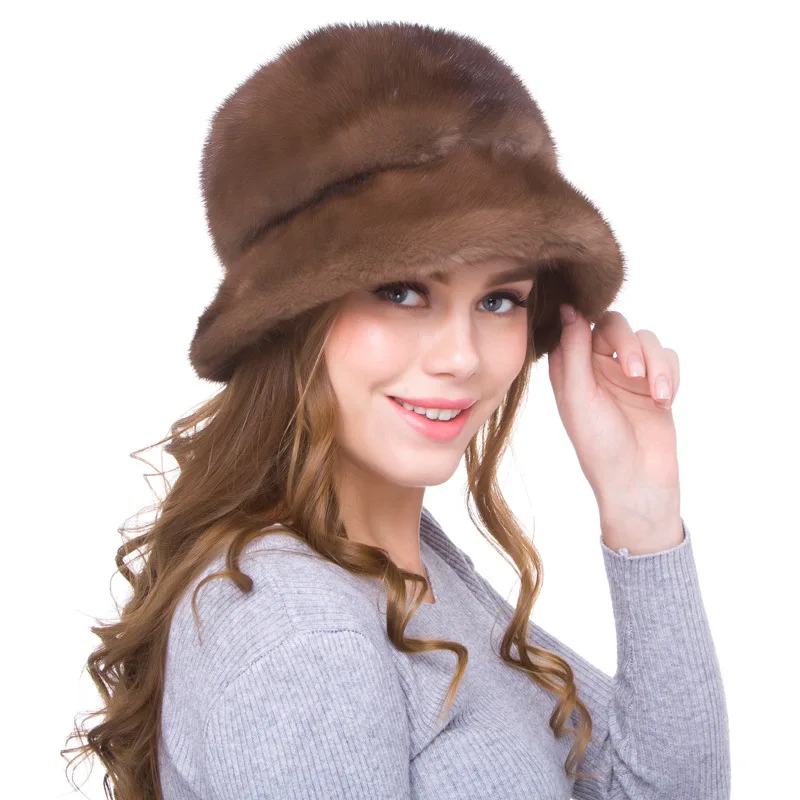 Luxury Handmade Winter Women's Genuine Wholeskin Mink Fur Fedoras Hats Adjustable Belt Lady Warm