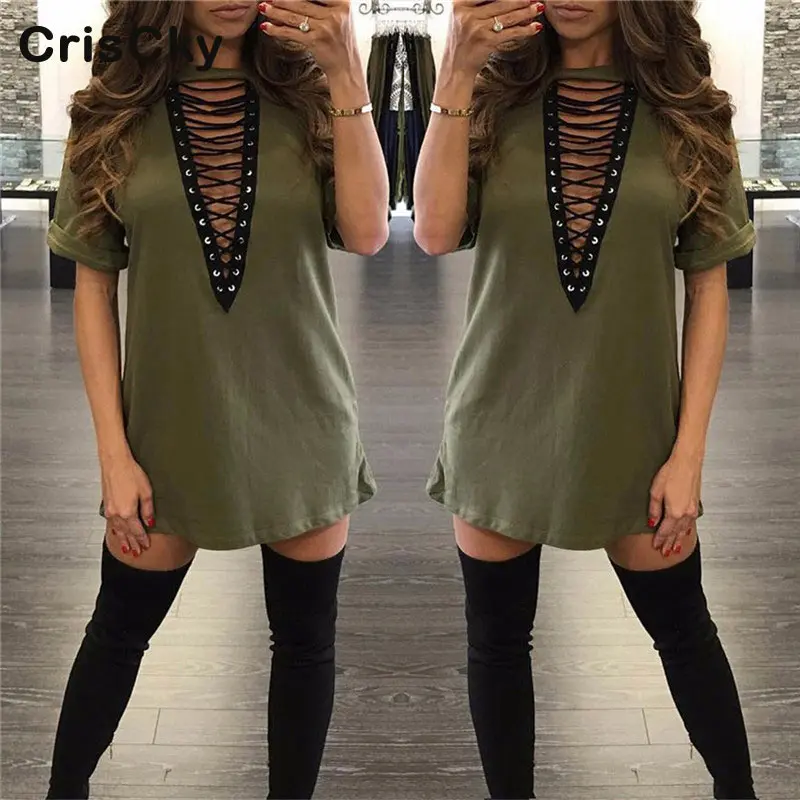 CRISCKY Summer Casual Ladies Dresses Fashion O Neck Short Sleeve Bandage Mini Party Dresses Woman Solid Club Outfits Vestidos