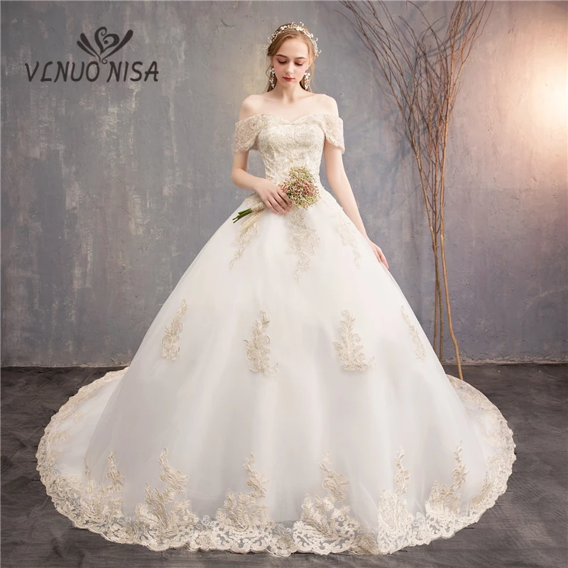 

VLNUO NISA White Tulle Wedding Dress With Beautiful Champagne Embroidery Appliques Lace Bride Gown Elegant Vestido De Noiva 30