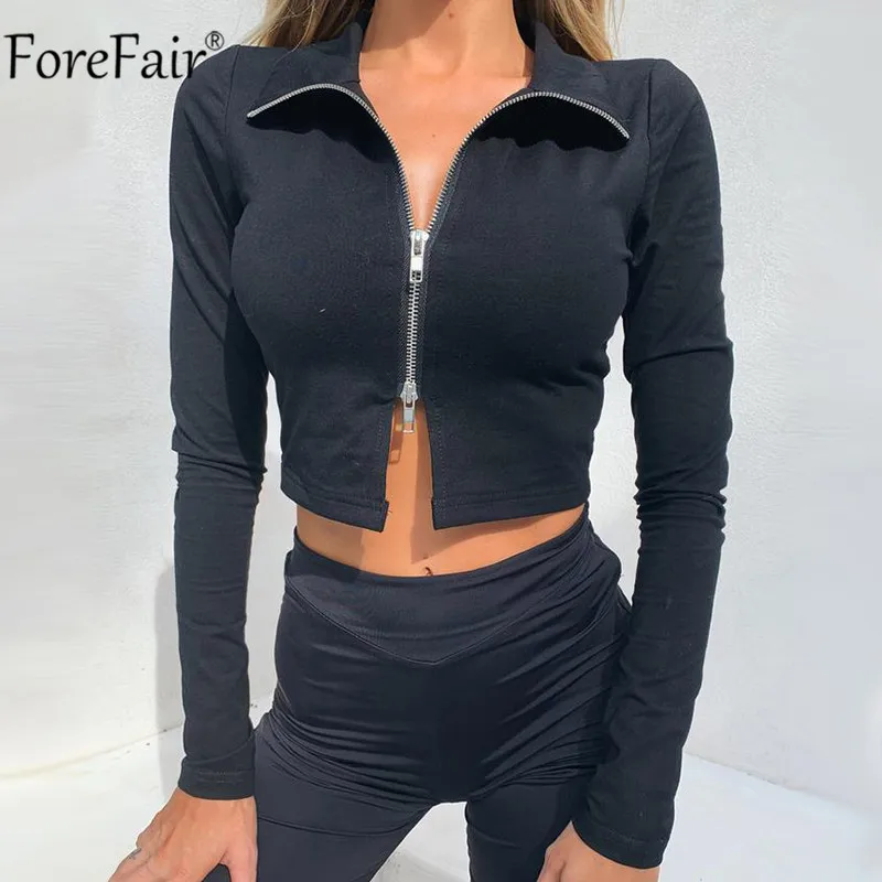 Most effective  Forefair Zipper Autumn Winter Cropped Jacket Coat Women Casual V Neck Black White Streetwear Top