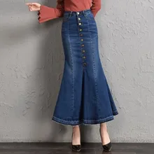 Новая женская джинсовая юбка с высокой талией, сексуальные оборки, тонкая женская юбка русалки, большие размеры, Длинные повседневные джинсовые юбки