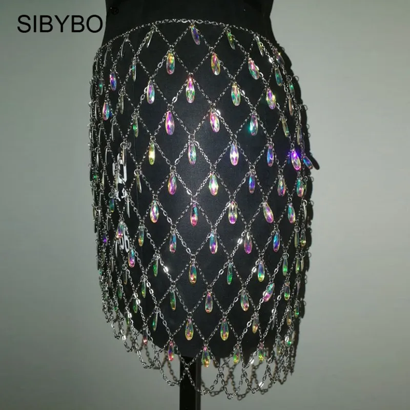 Sibybo, блестящая, кристальная, алмазная, облегающая юбка, женская, на цепочке, сексуальная, открытая, мини-юбка, летняя, для девушек, для ночного клуба, для вечеринки, юбки