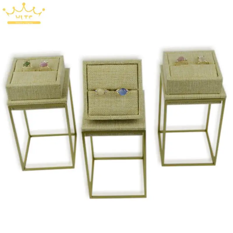 Stainless Steel Jewelry Display Ring Stand 20cm Luxurious Beige Linen