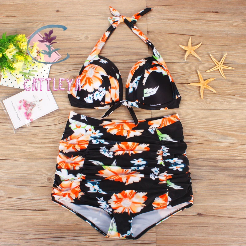 

CATTLEYA 2017 New Folds Plus Size Swimwear Women High Waist Swimsuit Plus Size Bikini Push Up Sexy Brazilian Retro Beach Wear CQ