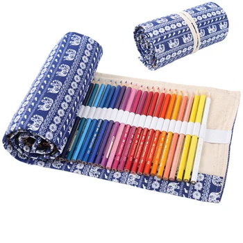 

Hot 36/48/72 Holes Blue Elephant Pen Pencil Eraser Holder Cases Cartoon School Stationary Canvas Roll Up Pencil Case Wrap Bags