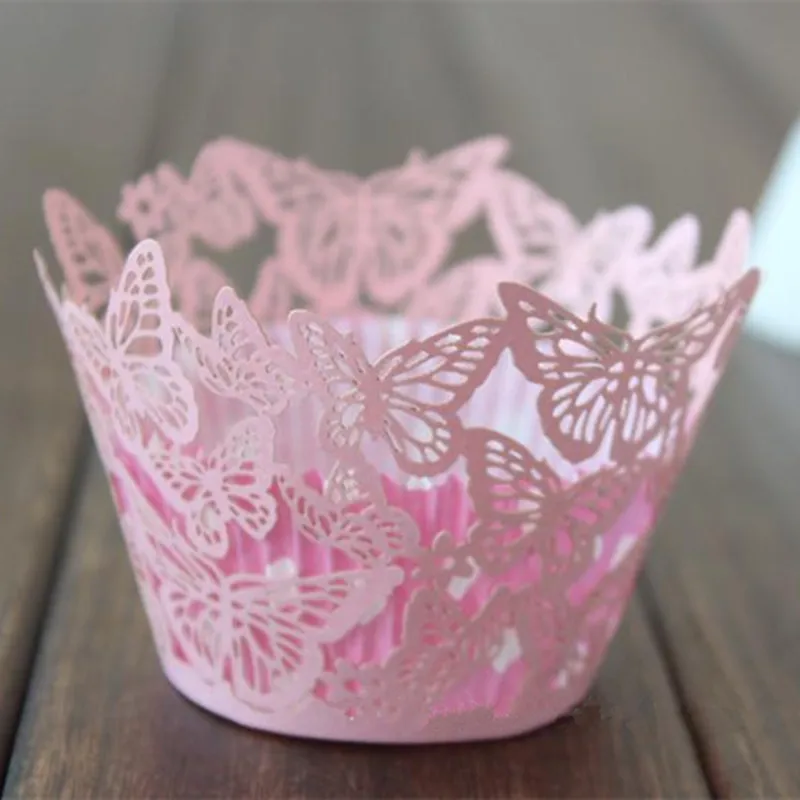 Pink Buttlefly Pearlized Lace Cupcake Wrapper Muffin Cake Decoration