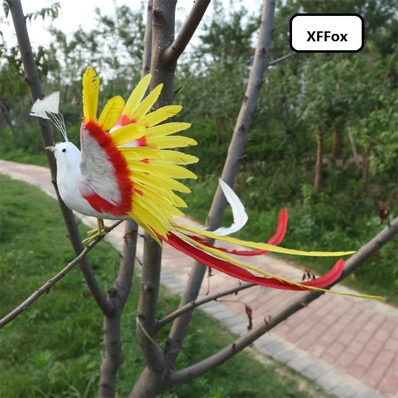 

new real life white-red-yellow long tail bird model foam&feather simulation Phoenix bird doll gift about 40x30cm xf1132