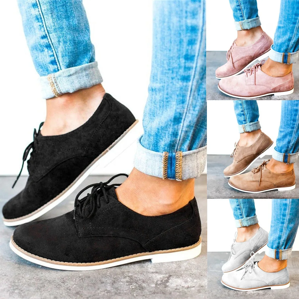 

EOEODOIT Women Spring Autumn Sneakers Casual Flat Heel Round Toe Canvas Flats Shoes Lace Up Large Size Rome Style Brogue Shoes