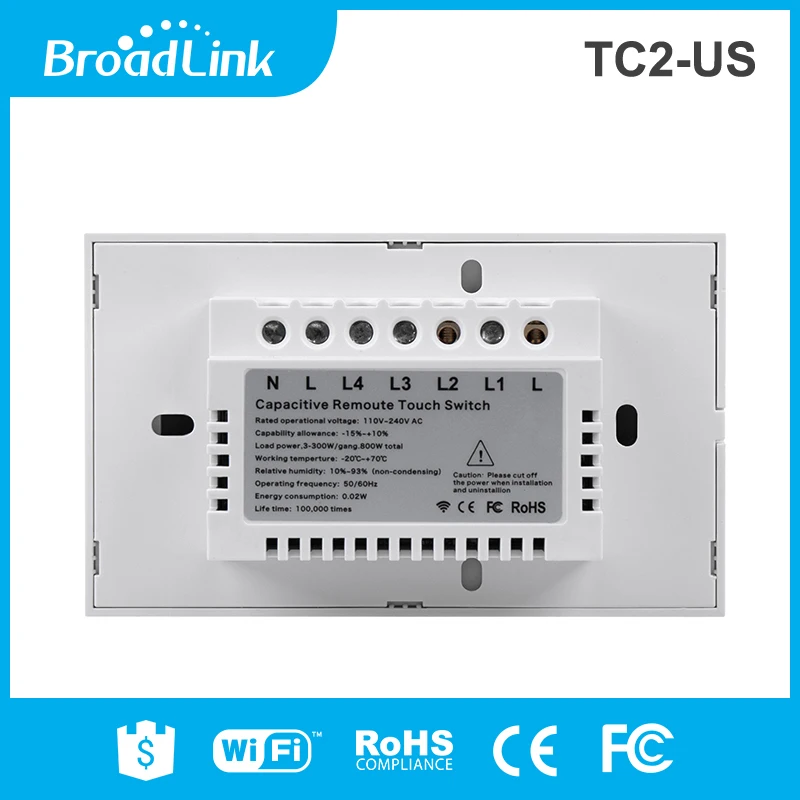 BroadLink TC2-2-US 220 В настенный выключатель, версия США Смарт настенный сенсорный выключатель, 2 банды 1 способ, переключатель дистанционного управления из любого места через 3g/4G