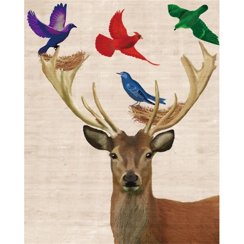 

Laeacco Canvas Calligraphy Painting Deer and Colorful Birds Animal Posters and Prints Wall Art Pictures Living Room Home Decor