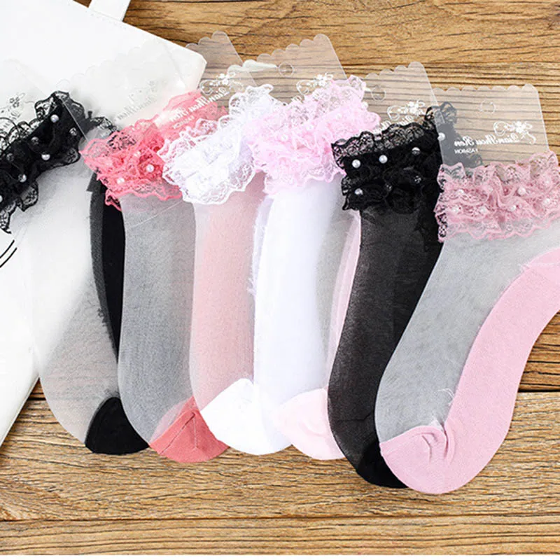 [WPLOIKJD] жемчуг кружева ручной работы прозрачные носки шелк японский Harajuku искусство кружева женские носки до голени стекло сетки сексуальный Meias Calcetin