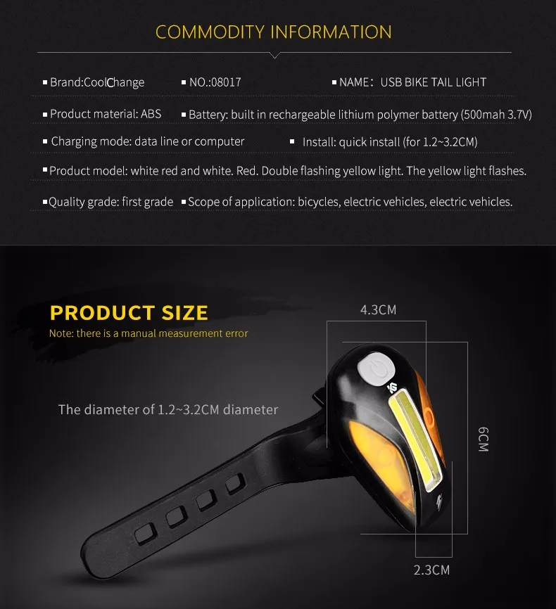 Perfect CoolChange Bicycle Tail light Mountain Bike Rear Light Tail Mtb Cycling Back Light Safety Bicycle Taillight Bicycle accessories 3