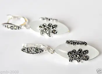 

VINTAGE CLEAR WHITE OPALS MARCASITE FLOWER 925 STERLING SILVER EARRINGS