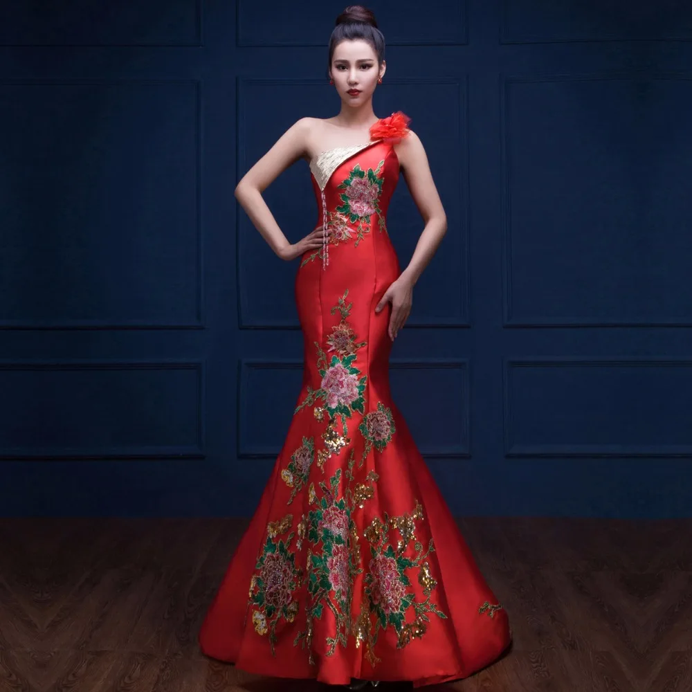 one shoulder bride red mermaid bridal wedding dress 2017 party dresses