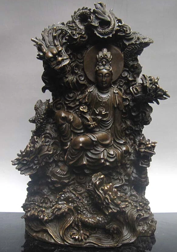 15.7" Chinese Bronze Dragon Quan Yin Kwan Yin Buddha Statuein Statues