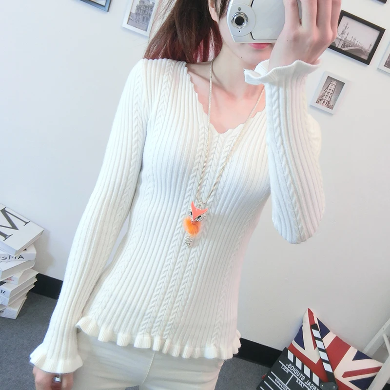New Women s Sweater Autumn 2016 Winter Fashion Elegant Solid Wave V neck Ruched Slim Sweater