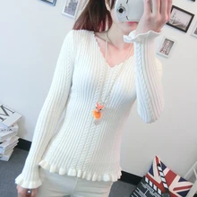 New Women’s Sweater Autumn 2016 Winter Fashion Elegant Solid Wave V-neck Ruched Slim Sweater Bottoming Knitting Sweater Female