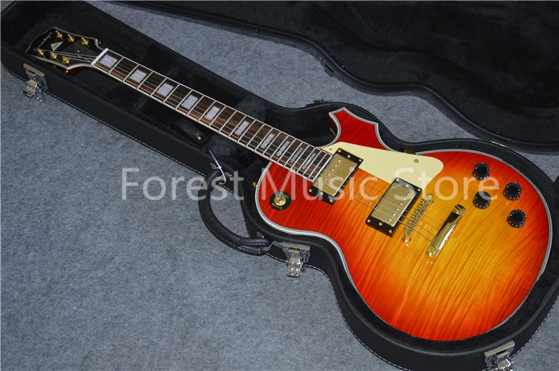 

CS Cherry Sunburst Tiger Flame Glossy Finish Suneye LP Custom Style Electric Guitarra With Cream Pickguard & Guitar Case