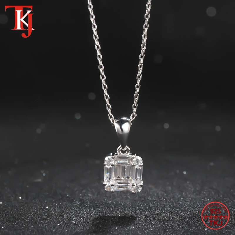 TKJ 925 Sterling Silver Pendant Square Baguette Pendant Daily Jewelry With Chian 40+5cm-6