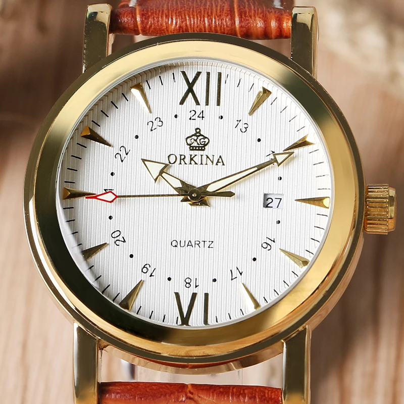 

Luxury Gold Case Women Quartz Watches Brown Genuine Leather Date Day Display Men Wrist Watch 2016 Fashion Clock Montre Femme