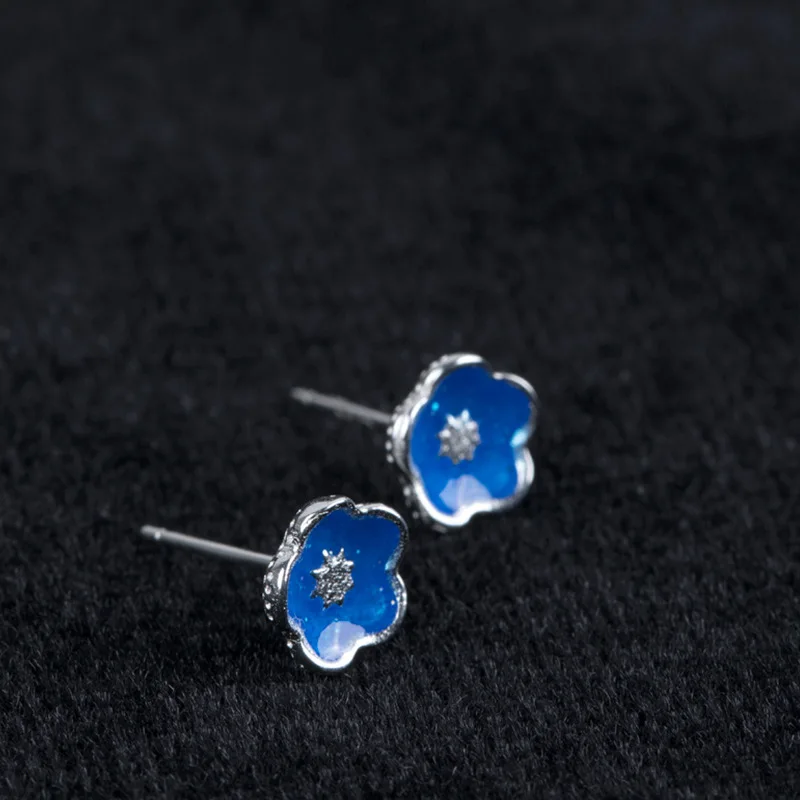 Форзац 925 пробы серебряные синие Висячие глазурь цветущая вишня серьги-гвоздики для женщин предотвращают аллергию женские модные ювелирные изделия