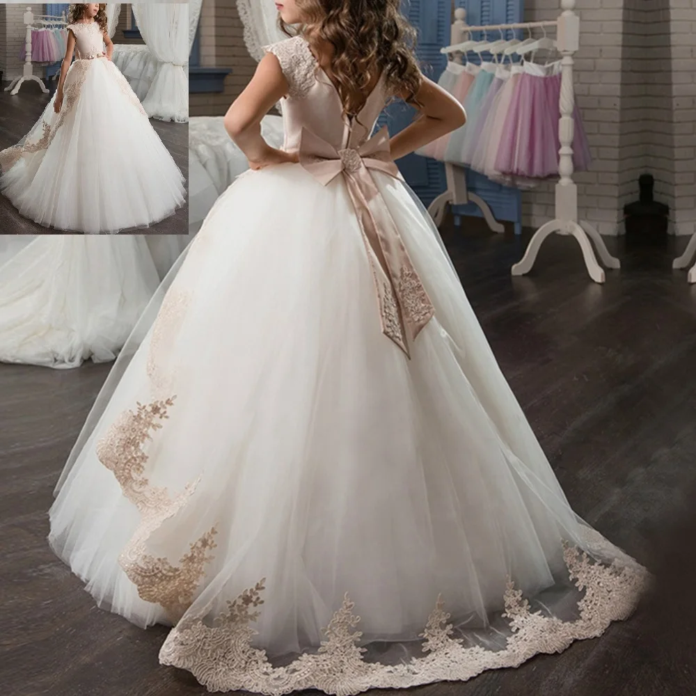 Винтажное платье принцессы на свадьбу; платья подружки невесты для детей; платье для первого причастия; праздничное платье для девочек; пышные Длинные платья со шлейфом для девочек