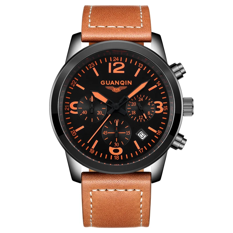

GUANQIN GS19037 Sport Watches Men Leather Quartz Watch 4 Colors with Calendar Male Waterproof Outdoor Clock with 3 Small Dials