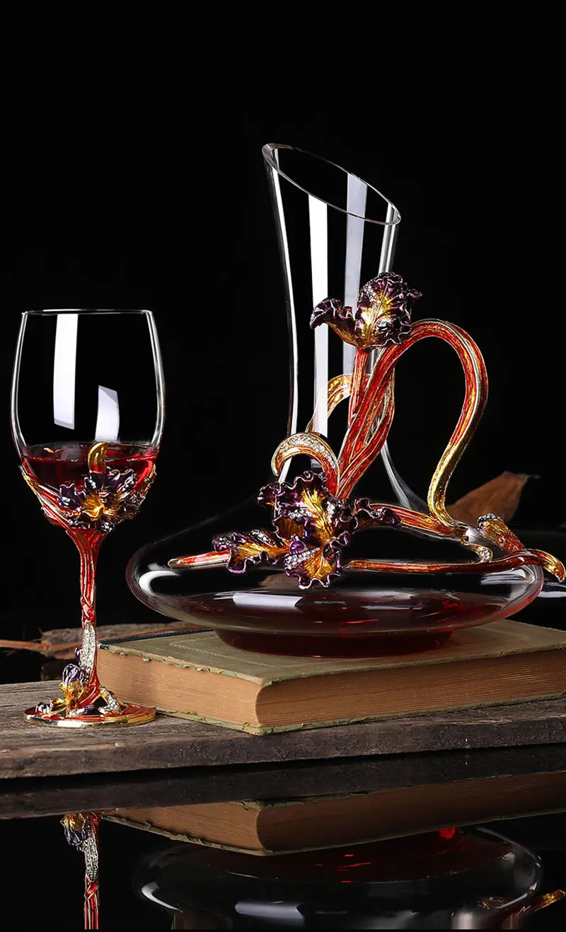 Высокое качество, эмаль, ирисы, Хрустальное стекло, красное вино, стеклянный графин, набор, винный бокал для шампанского стакан, Свадебная подарочная коробка, посуда для напитков