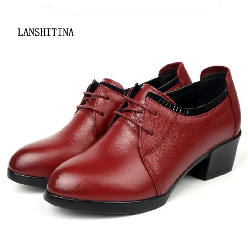 LANSHITINA Brand Women Oxfords Shoes Genuine Leather Pumps Square Low