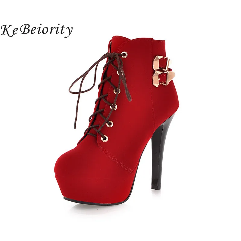 

KEBEIORITY Women Boots 2019 Spring Sexy High Heels Platform Ankle Boots for Women Lace Up Red Black High Heel Boots Shoes