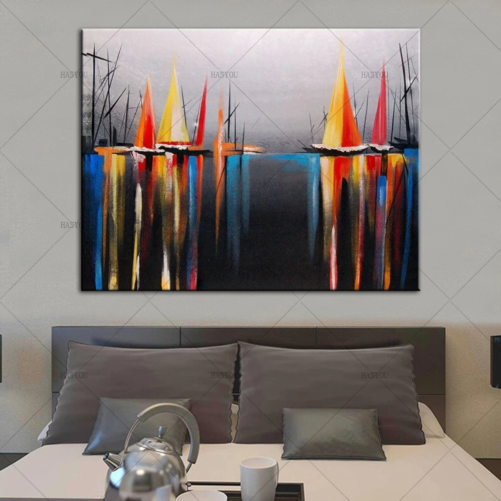 

Palette Knife Oil Painting Boat Moored on Seaside Morning Seascape Picture On Canvas For Office Home Wall Art Decor