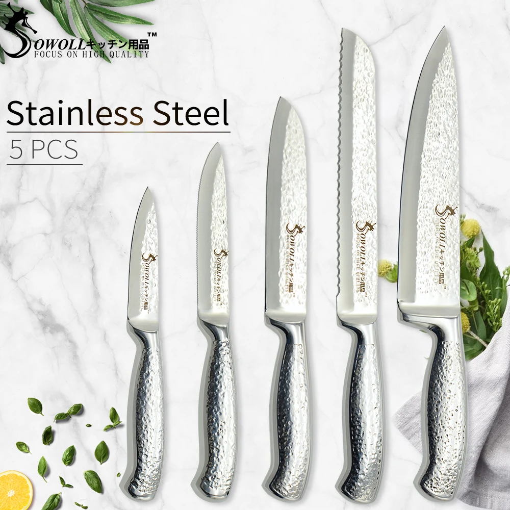 

SOWOLL Kitchen Knife High Carbon Stainless Steel Hammer Vein Blade Paring Toothed Utility Santoku Bread Chef Kinves 5 Piece Set