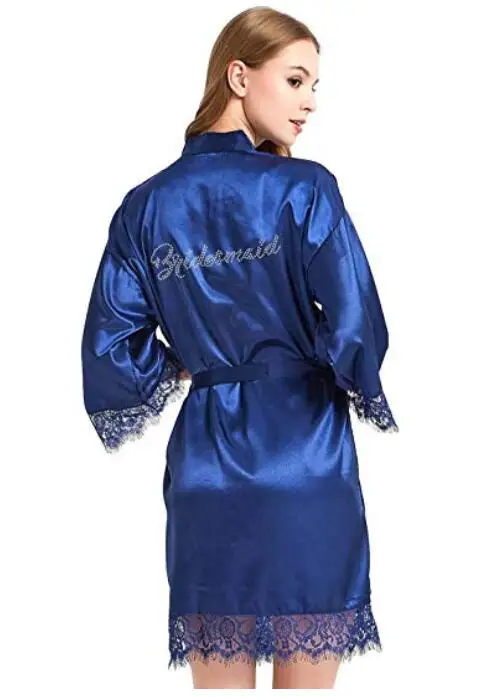 Satin Faux Silk Wedding Bride Bridesmaid Robes,White Bridal Dressing Gown/ Kimono Bathrobes,"BRIDE""BRIDE MAID" Graphic on Back