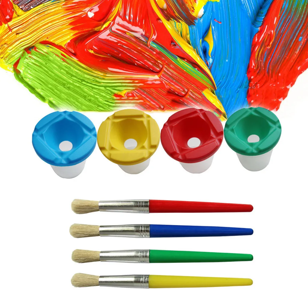 

Cup cover random 4pcs Non Spill Paint Cup + 4pcs Paint for beginners learn Bristle Brush Assor suitable for children