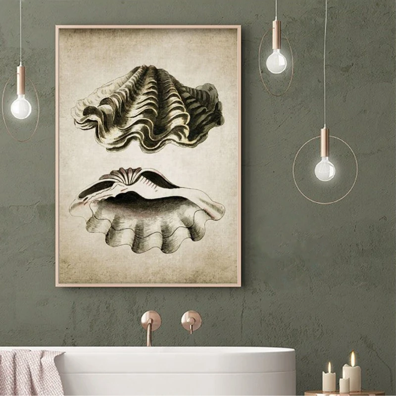 Retro Seashell Poster Art Print Wall Picture Home Decor , Vintage Marine Prints Bathroom Wall Art Canvas Painting Nautical Decor