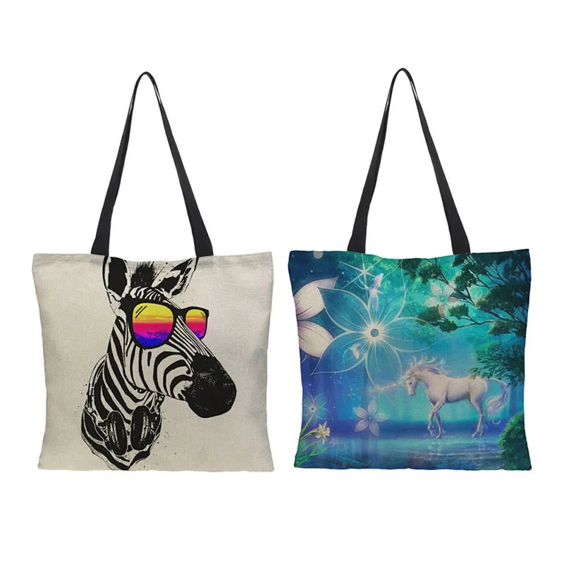Women Zebra/Horse Pattern Canvas Shopping Bags Casual Tote Handbags Reusable One Shoulder Foldable Lady Bag
