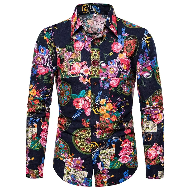 Ретро Роскошный бренд цветочный принт Осенняя Повседневная тонкая мужская рубашка с длинными рукавами Высококачественная хлопковая Льняная мужская рубашка - Цвет: print black