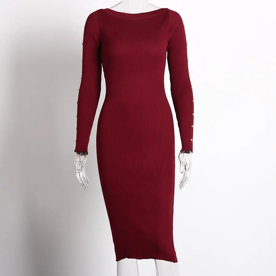 Трикотажные Платья-свитеры осень Новая мода кнопка футляр с длинными рукавами Для женщин Повседневное по колено облегающее платье черный, красный - Цвет: Бургундия
