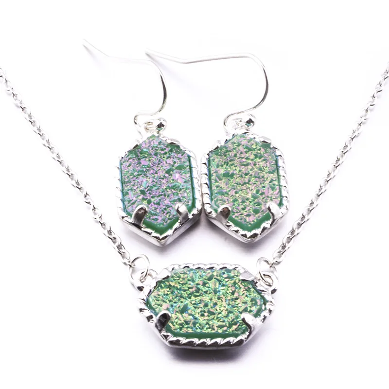 

15 Colors Drusy Drusy Necklace With Dangle Earrings Jewelry Set Hexagon Resin Stone Silver Color Jewelry Set for women