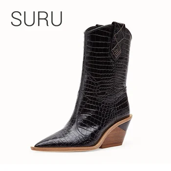

SURU Ladies PU Pointed Toe Western Boots Women Calf Boots plus size 35-43