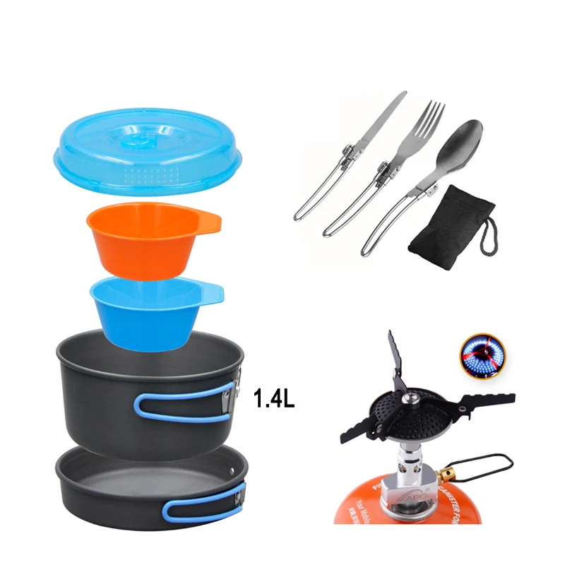 APG Outdoor Pots Pans Set Mini Gas Stove Camping Cookware Hiking Tableware With Foldable Spoon Fork Knife - Цвет: APG set